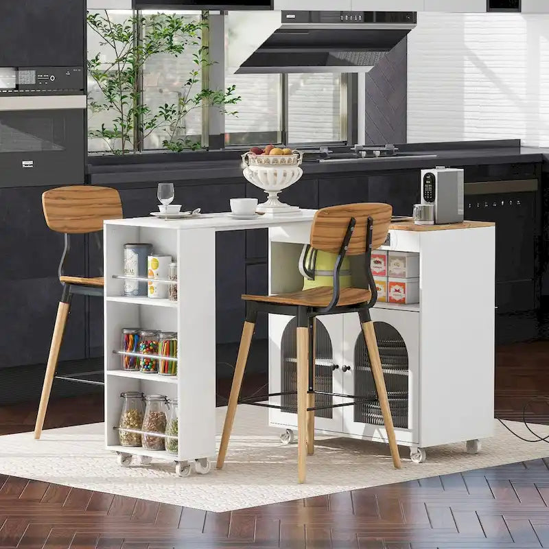 Rolling Kitchen Island with Movable Extended Table on Wheels, LED Lights, Power Outlets, Fluted Doors and Open Adjustable Shelves