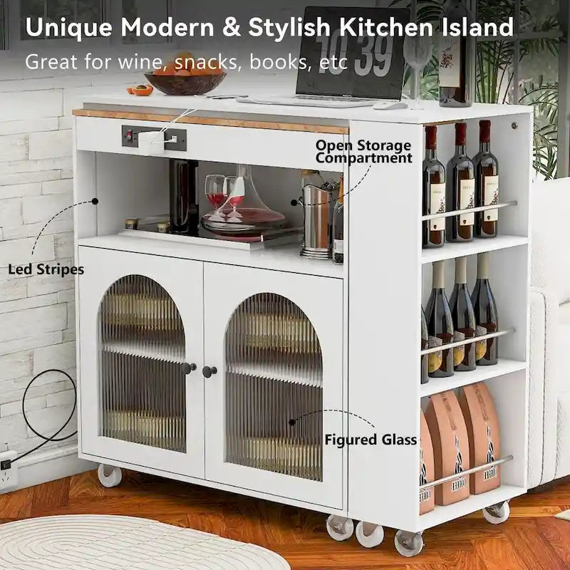 Rolling Kitchen Island with Movable Extended Table on Wheels, LED Lights, Power Outlets, Fluted Doors and Open Adjustable Shelves