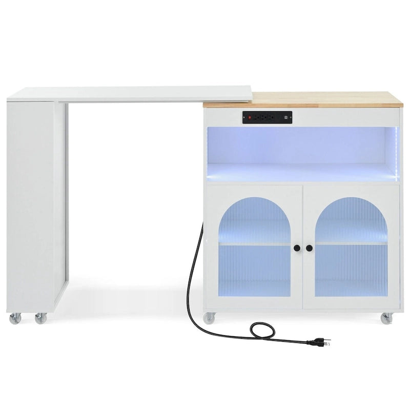 Rolling Kitchen Island with Movable Extended Table on Wheels, LED Lights, Power Outlets, Fluted Doors and Open Adjustable Shelves