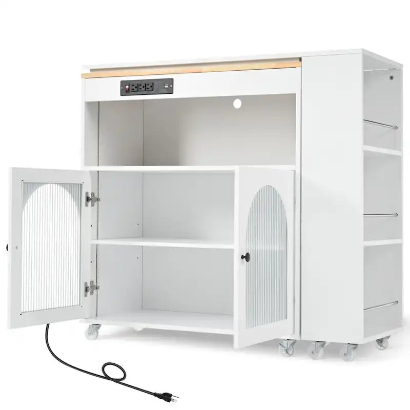 Rolling Kitchen Island with Movable Extended Table on Wheels, LED Lights, Power Outlets, Fluted Doors and Open Adjustable Shelves