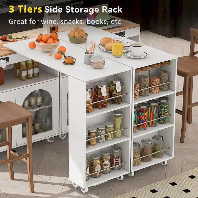Rolling Kitchen Island with Movable Extended Table on Wheels, LED Lights, Power Outlets, Fluted Doors and Open Adjustable Shelves