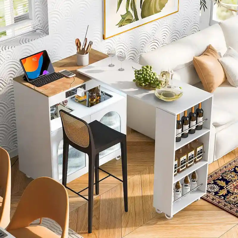 Rolling Kitchen Island with Movable Extended Table on Wheels, LED Lights, Power Outlets, Fluted Doors and Open Adjustable Shelves