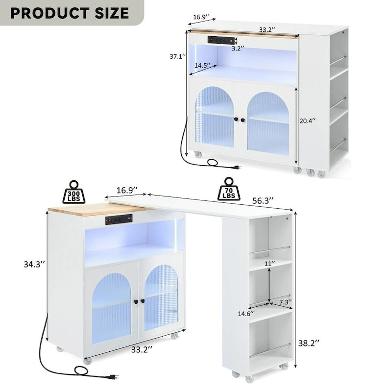Rolling Kitchen Island with Movable Extended Table on Wheels, LED Lights, Power Outlets, Fluted Doors and Open Adjustable Shelves
