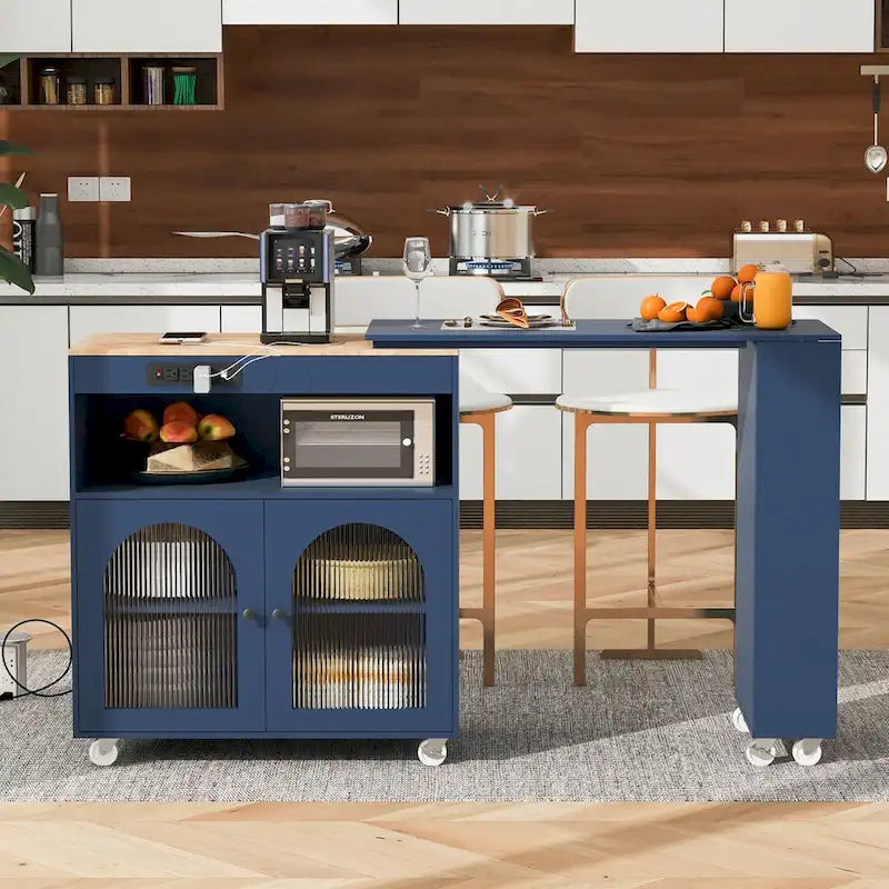 Rolling Kitchen Island with Movable Extended Table on Wheels, LED Lights, Power Outlets, Fluted Doors and Open Adjustable Shelves