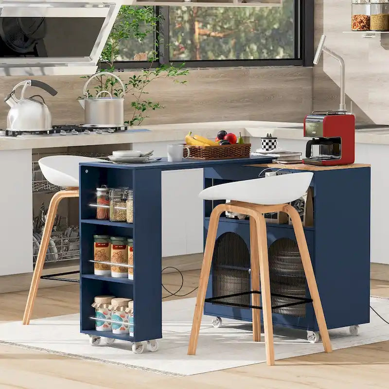 Rolling Kitchen Island with Movable Extended Table on Wheels, LED Lights, Power Outlets, Fluted Doors and Open Adjustable Shelves