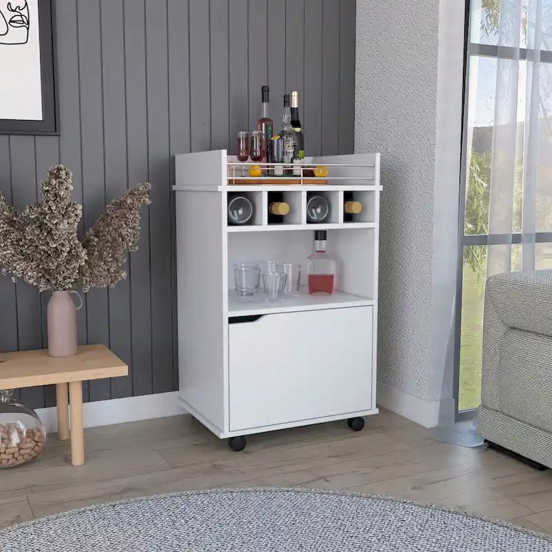 Bar Cart with 2 Open Shelves 4 Cubbies and Cabinet