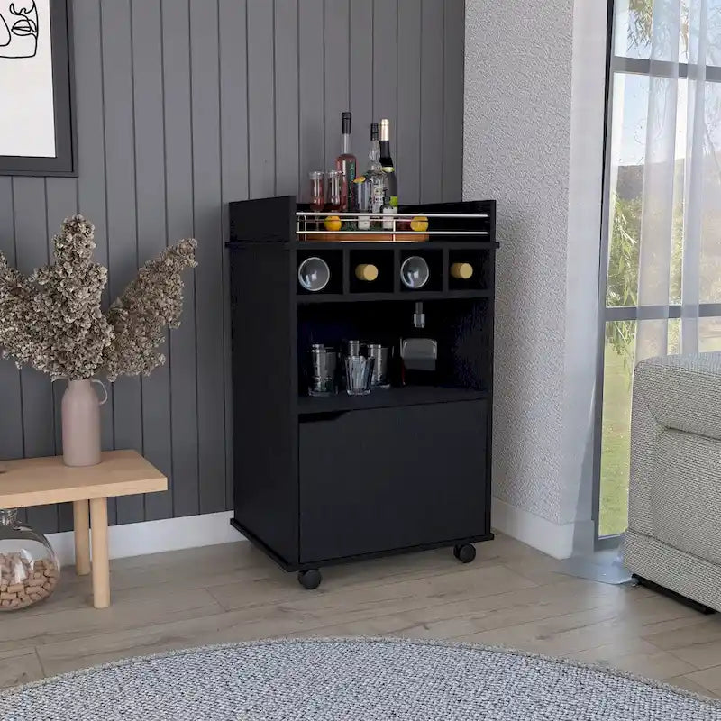 Bar Cart with 2 Open Shelves 4 Cubbies and Cabinet