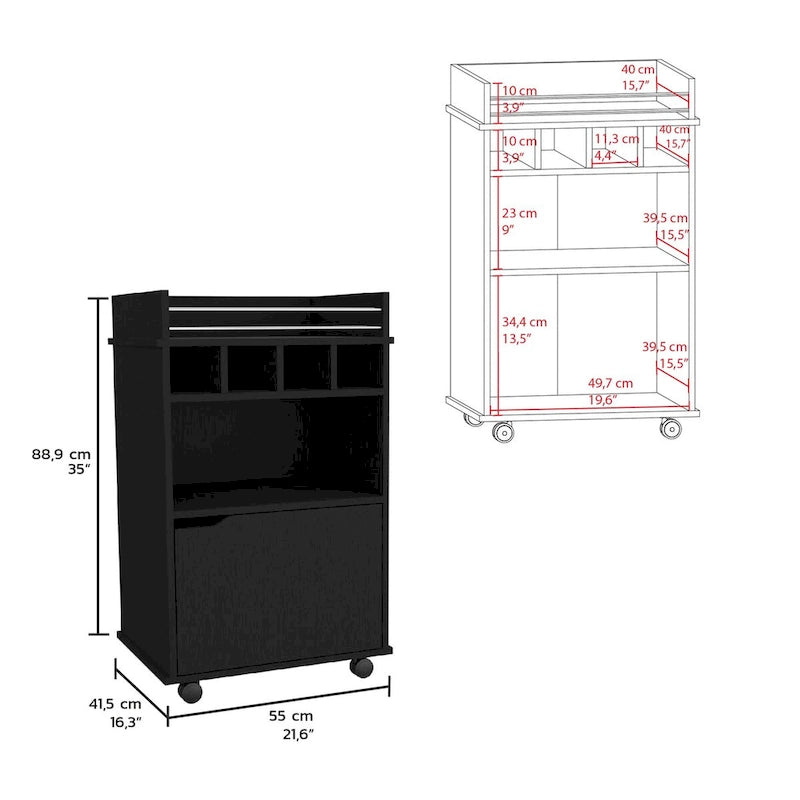 Bar Cart with 2 Open Shelves 4 Cubbies and Cabinet