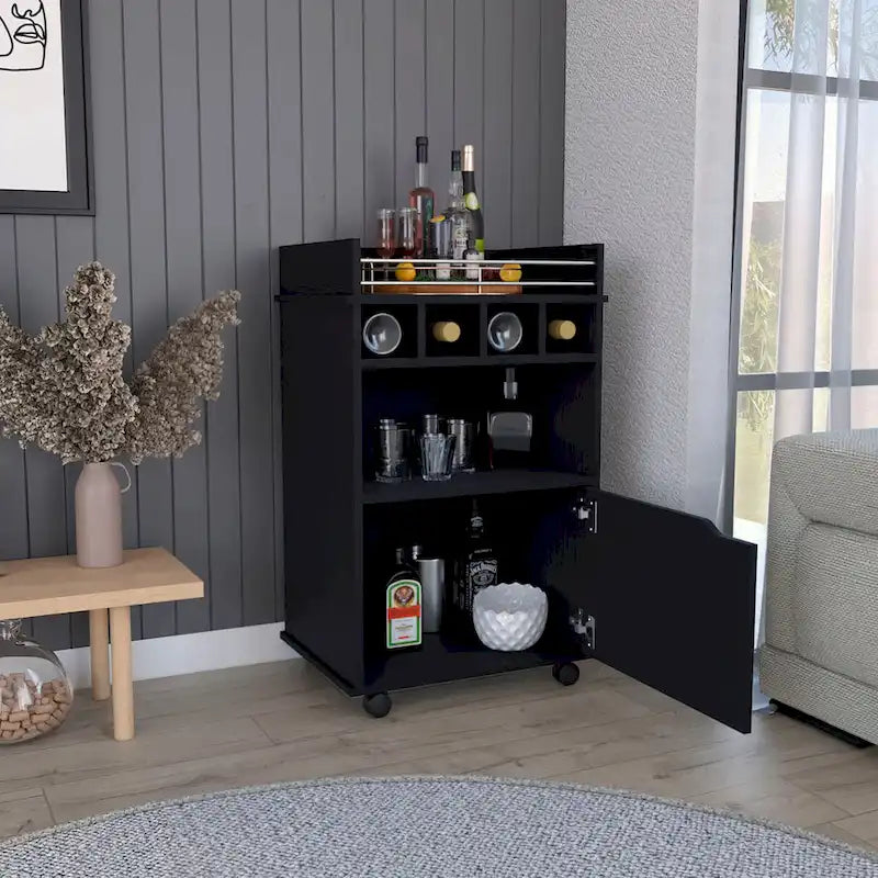 Bar Cart with 2 Open Shelves 4 Cubbies and Cabinet
