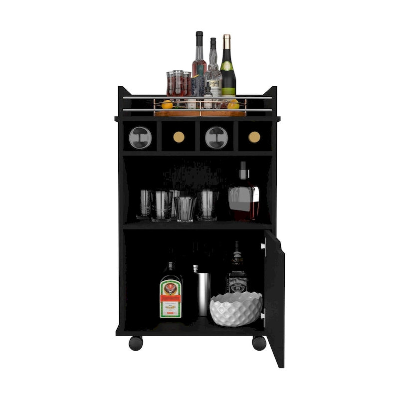 Bar Cart with 2 Open Shelves 4 Cubbies and Cabinet