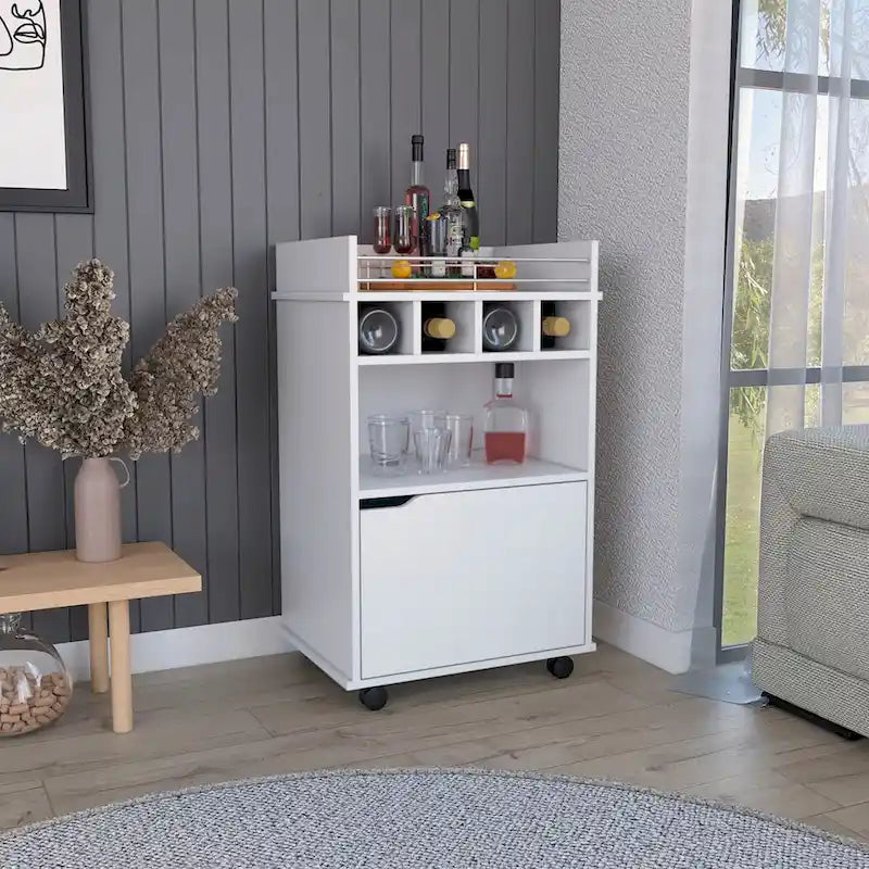 Bar Cart with 2 Open Shelves 4 Cubbies and Cabinet