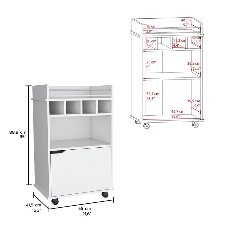 Bar Cart with 2 Open Shelves 4 Cubbies and Cabinet