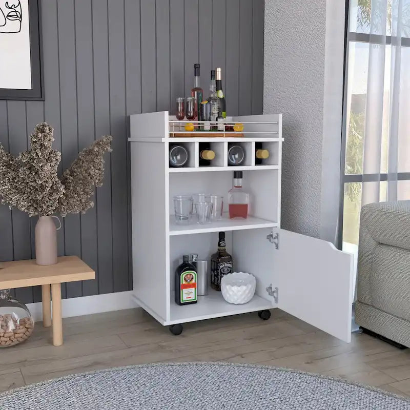 Bar Cart with 2 Open Shelves 4 Cubbies and Cabinet