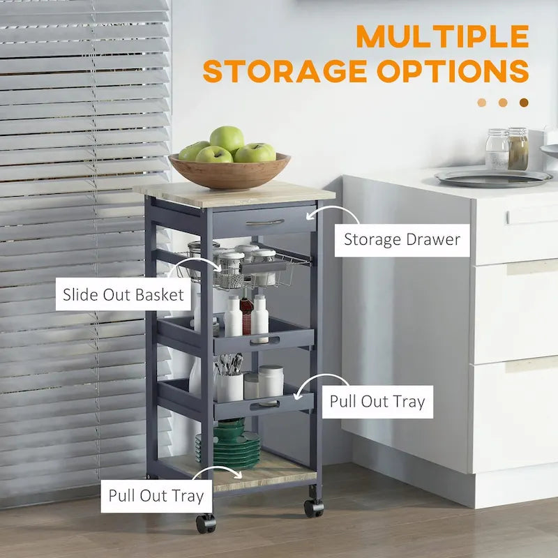 Rolling Kitchen Island Cart with Drawer & Wire Basket