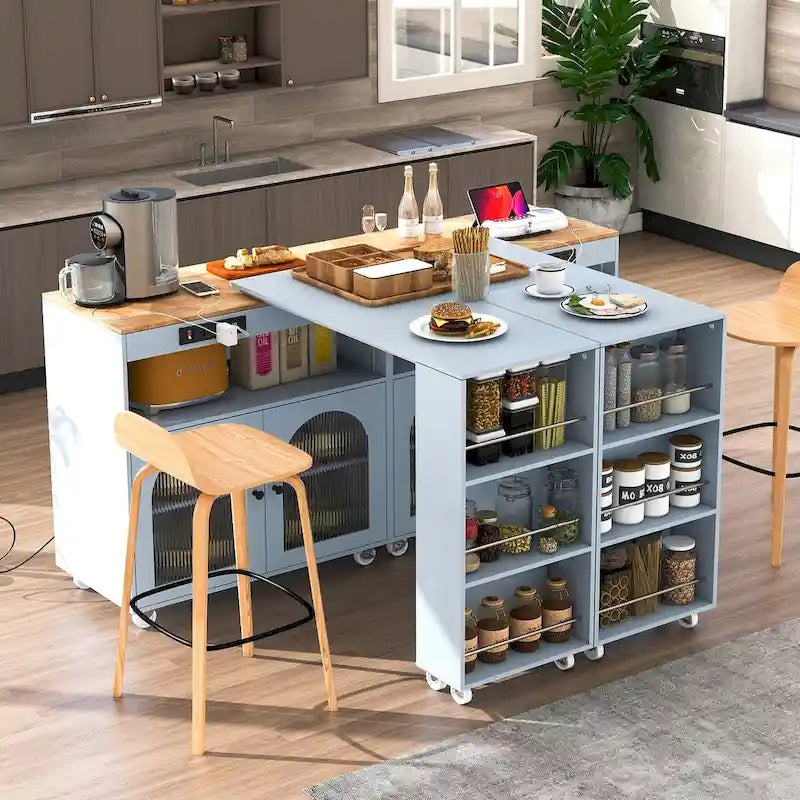 33 in. W Rolling Kitchen Island with Rubberwood Top, LED Lights and Power Outlets