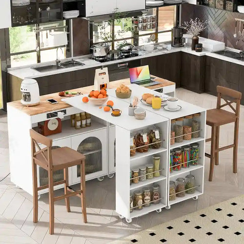 33 in. W Rolling Kitchen Island with Rubberwood Top, LED Lights and Power Outlets