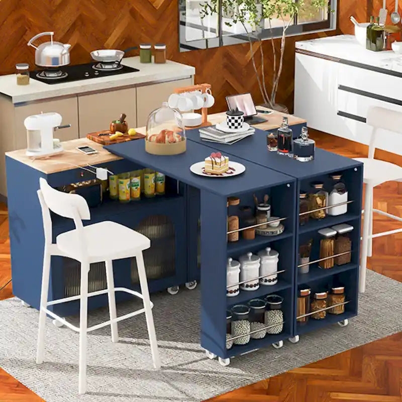 33 in. W Rolling Kitchen Island with Rubberwood Top, LED Lights and Power Outlets