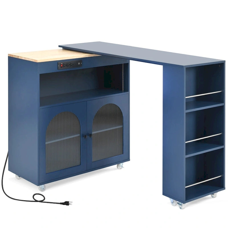33 in. W Rolling Kitchen Island with Rubberwood Top, LED Lights and Power Outlets