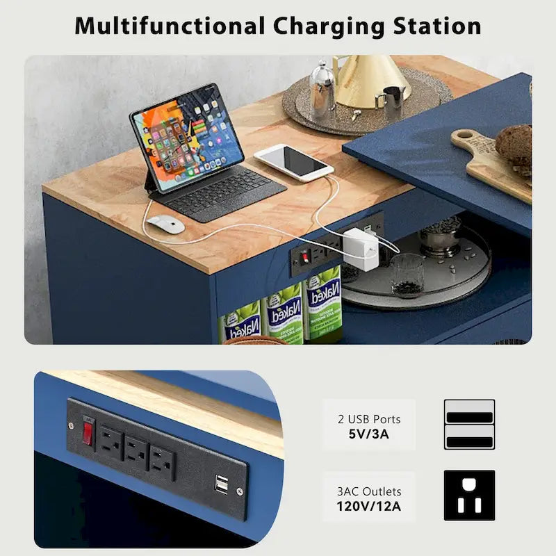 33 in. W Rolling Kitchen Island with Rubberwood Top, LED Lights and Power Outlets