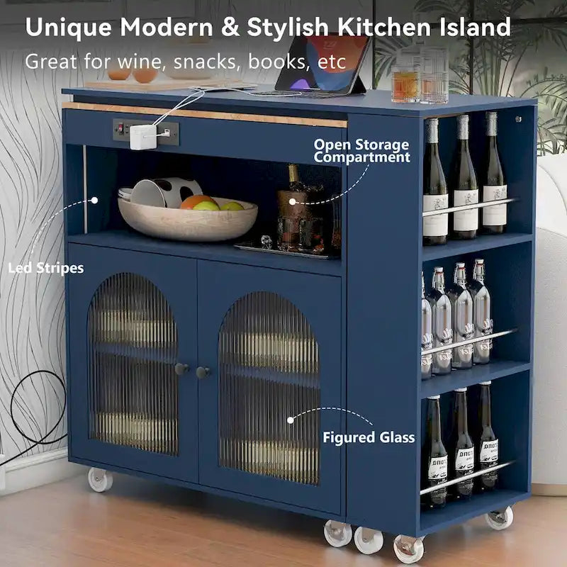 33 in. W Rolling Kitchen Island with Rubberwood Top, LED Lights and Power Outlets