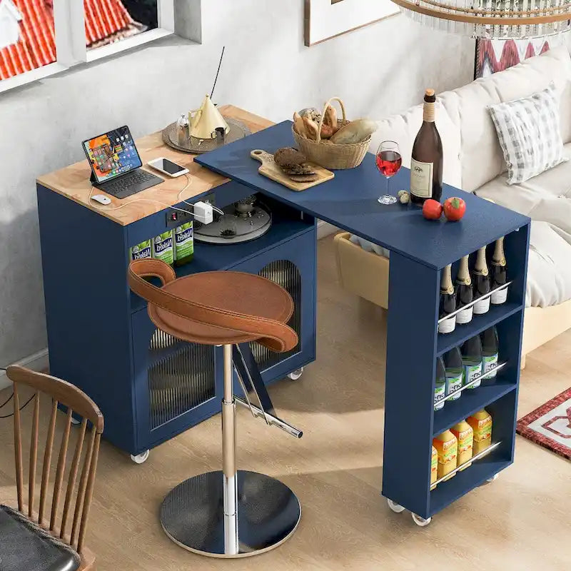 33 in. W Rolling Kitchen Island with Rubberwood Top, LED Lights and Power Outlets