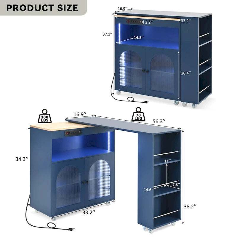 33 in. W Rolling Kitchen Island with Rubberwood Top, LED Lights and Power Outlets