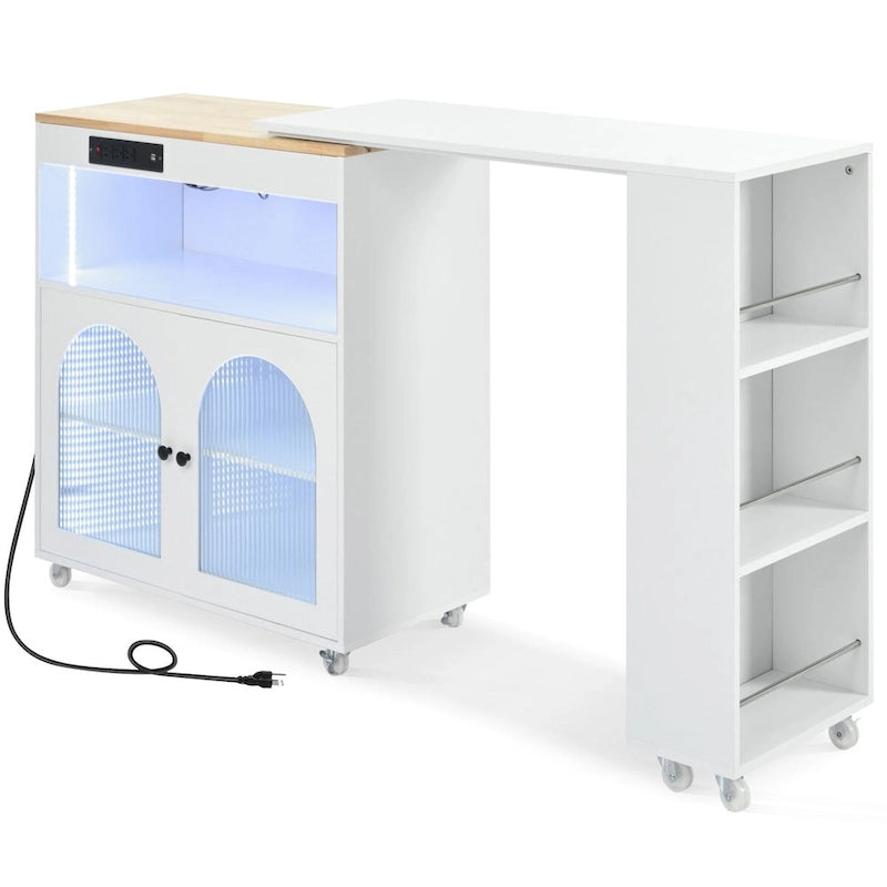 33 in. W Rolling Kitchen Island with Rubberwood Top, LED Lights and Power Outlets