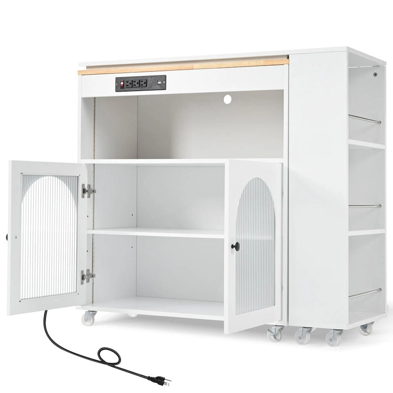 33 in. W Rolling Kitchen Island with Rubberwood Top, LED Lights and Power Outlets