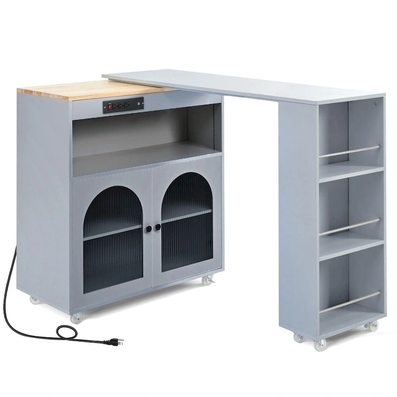 33 in. W Rolling Kitchen Island with Rubberwood Top, LED Lights and Power Outlets