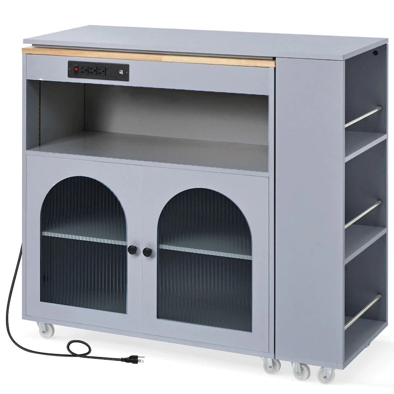 33 in. W Rolling Kitchen Island with Rubberwood Top, LED Lights and Power Outlets