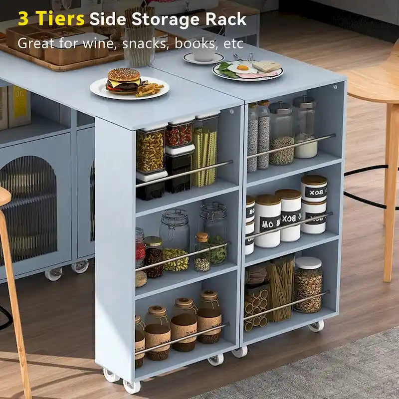 33 in. W Rolling Kitchen Island with Rubberwood Top, LED Lights and Power Outlets