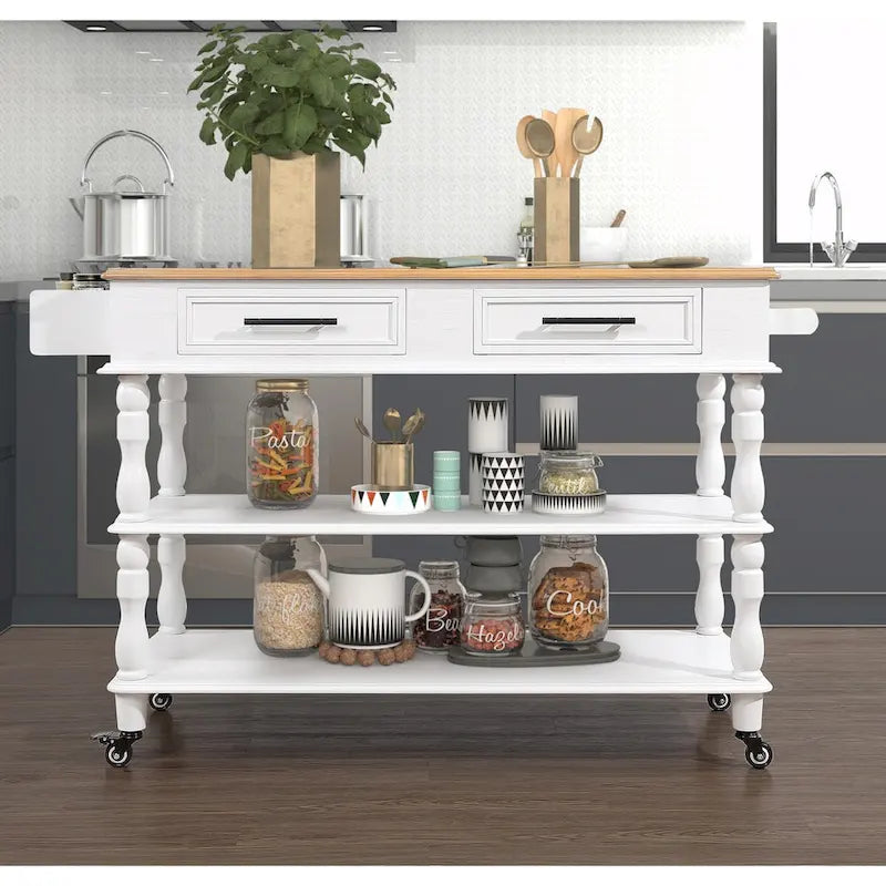 Rolling Kitchen Island Cart with Solid Oak Wood Top, Wine and Spice Rack