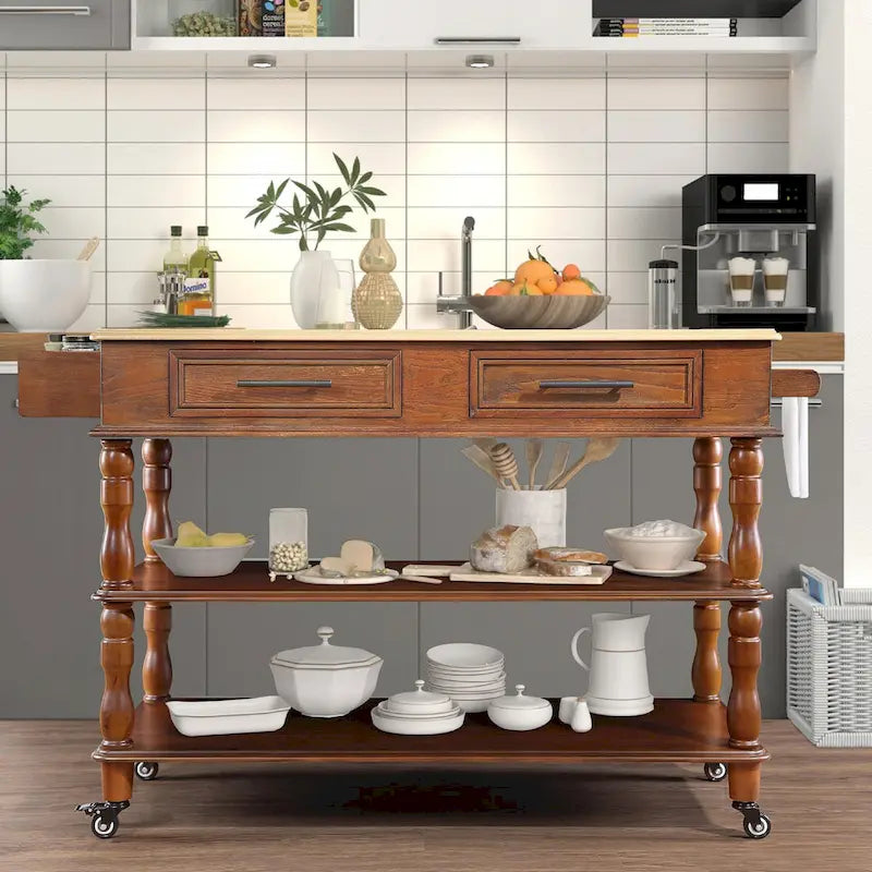 Rolling Kitchen Island Cart with Solid Oak Wood Top, Wine and Spice Rack