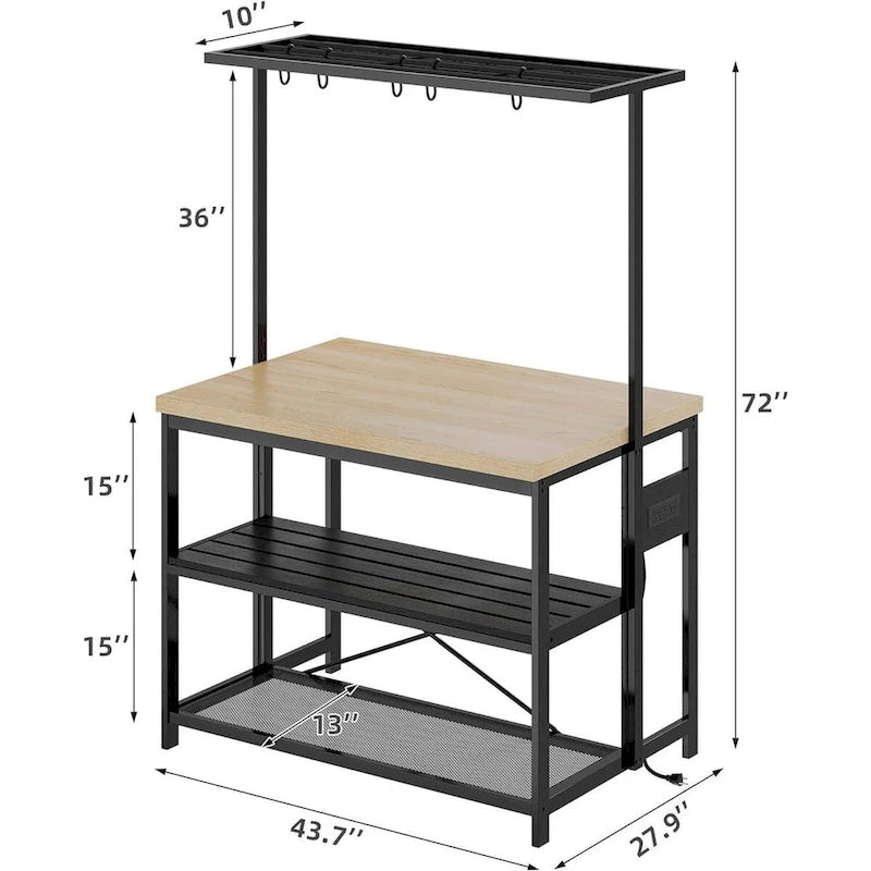 Kitchen Island Bakers Rack with 3-Tier Shelf and Hooks