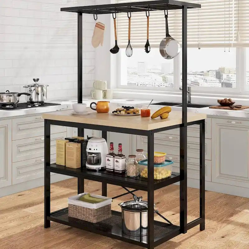 Kitchen Island Bakers Rack with 3-Tier Shelf and Hooks