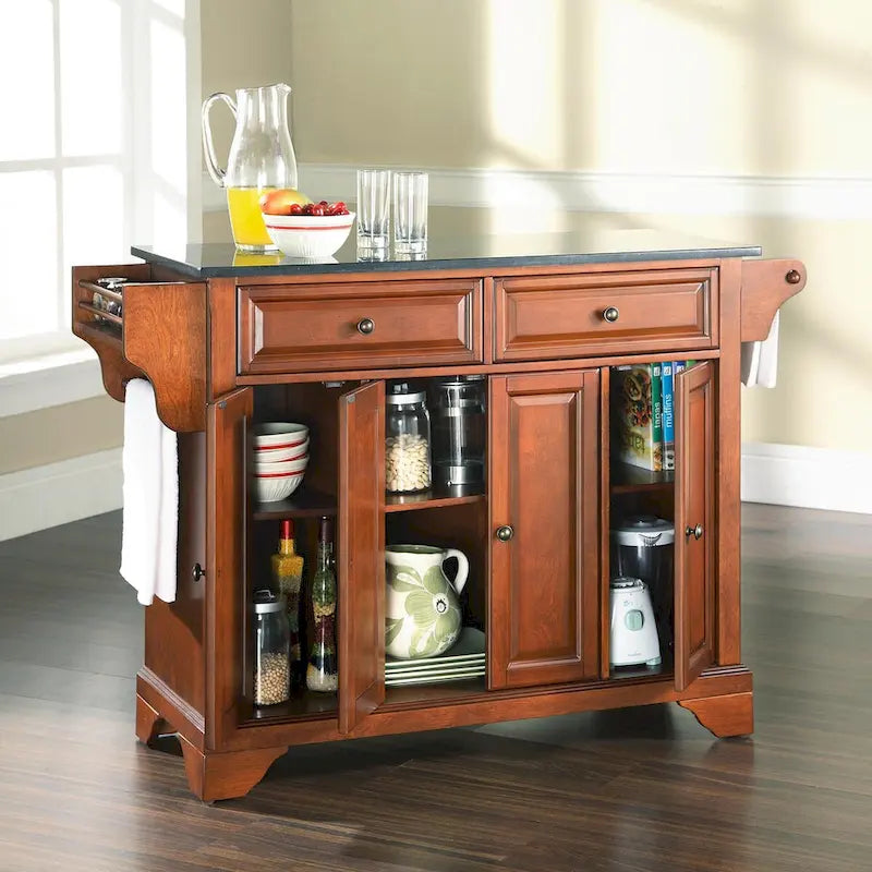 Granite Top Full Size Kitchen Island Cart with Storage Drawers and Spice Rack