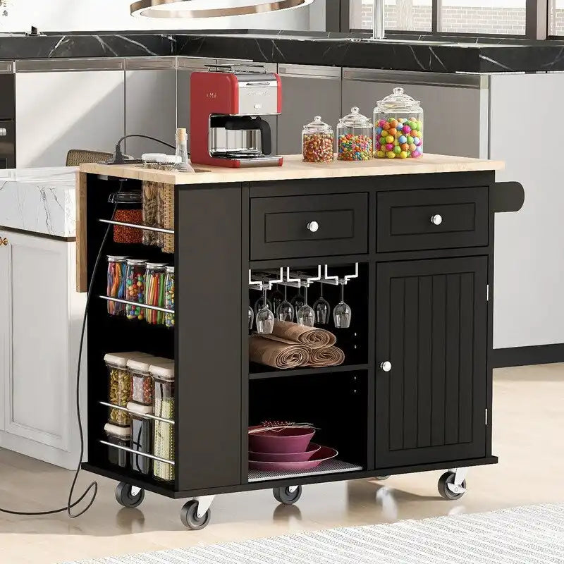 Drop Leaf Rubber Wood Kitchen Island with Power Outlet and Wine Rack