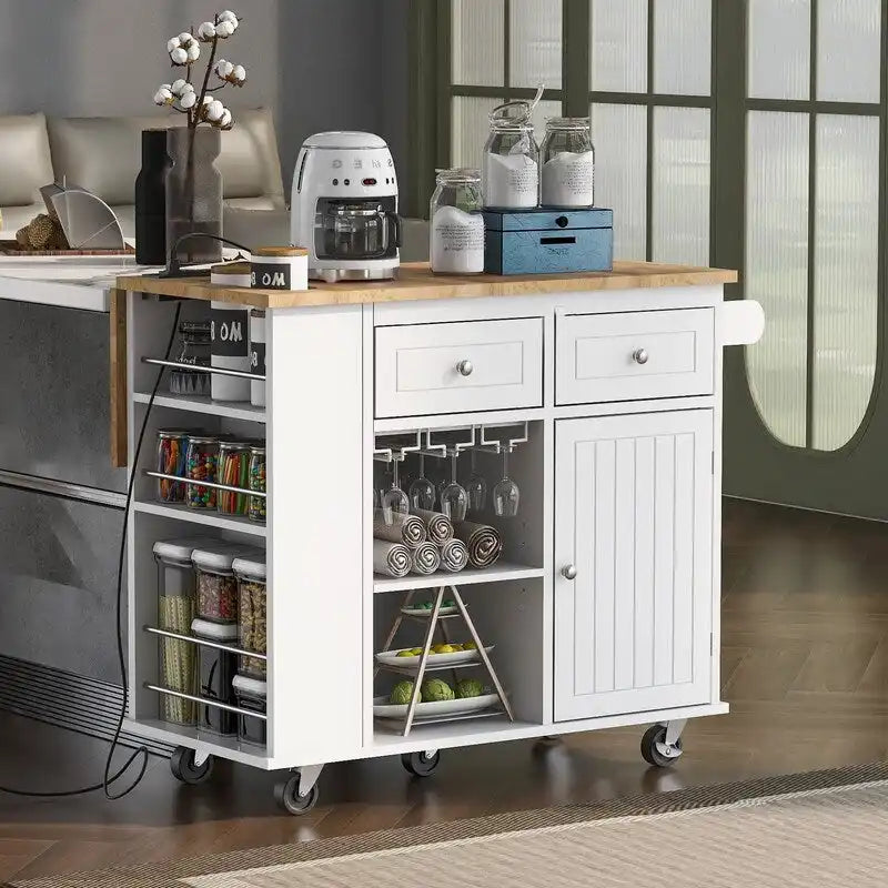 Drop Leaf Rubber Wood Kitchen Island with Power Outlet and Wine Rack