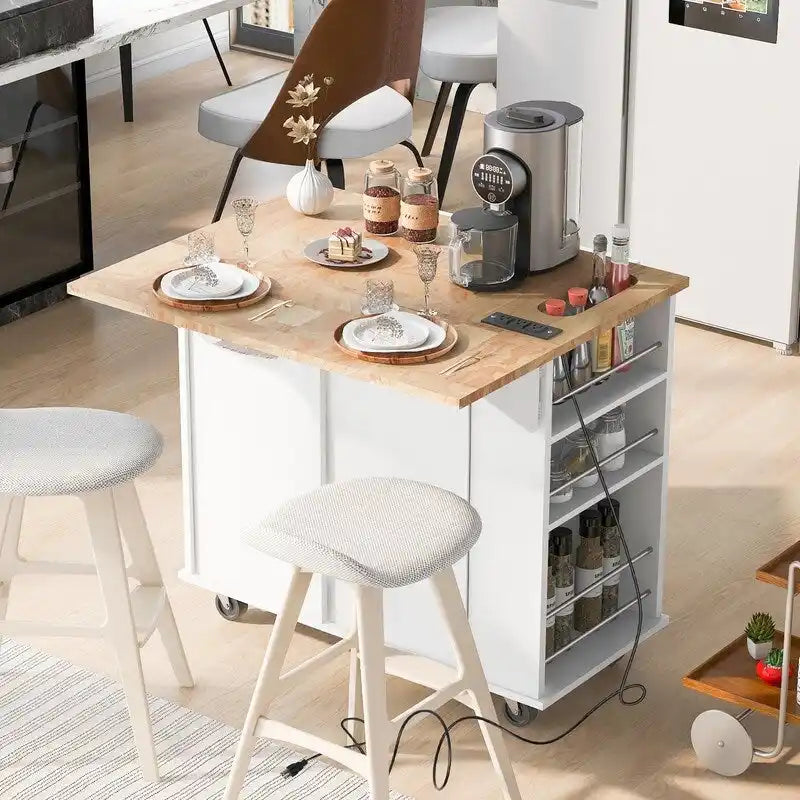 Drop Leaf Rubber Wood Kitchen Island with Power Outlet and Wine Rack