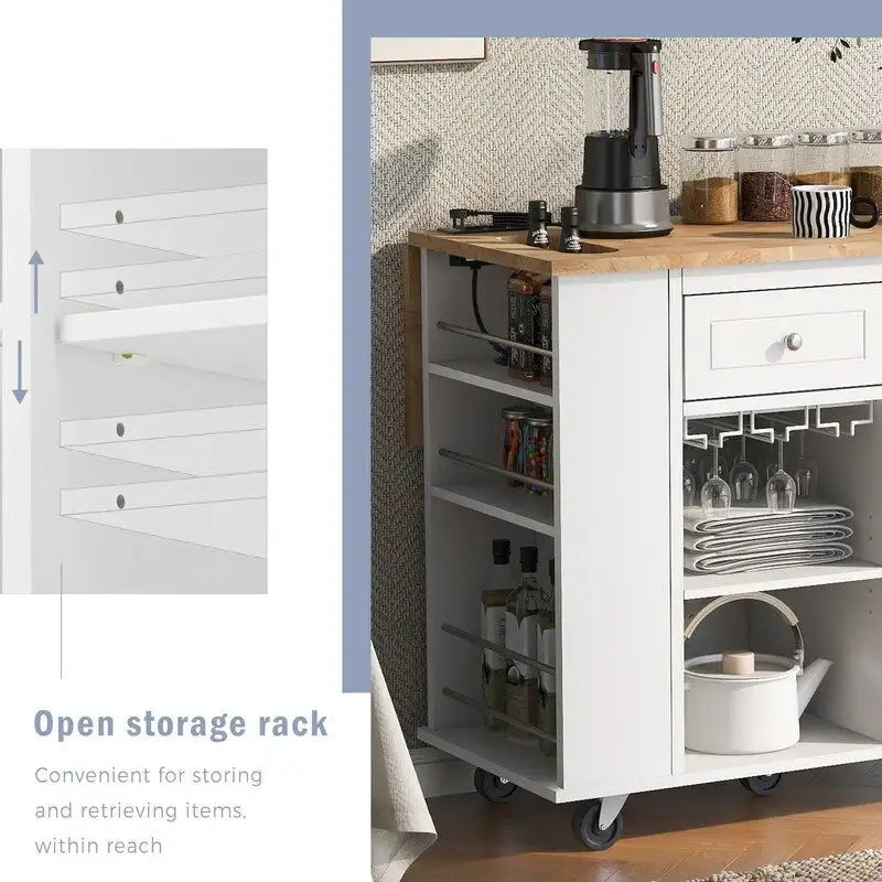 Drop Leaf Rubber Wood Kitchen Island with Power Outlet and Wine Rack
