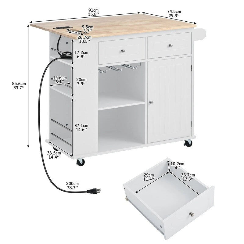 Drop Leaf Rubber Wood Kitchen Island with Power Outlet and Wine Rack