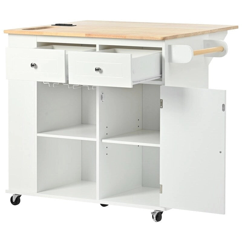 Drop Leaf Rubber Wood Kitchen Island with Power Outlet and Wine Rack