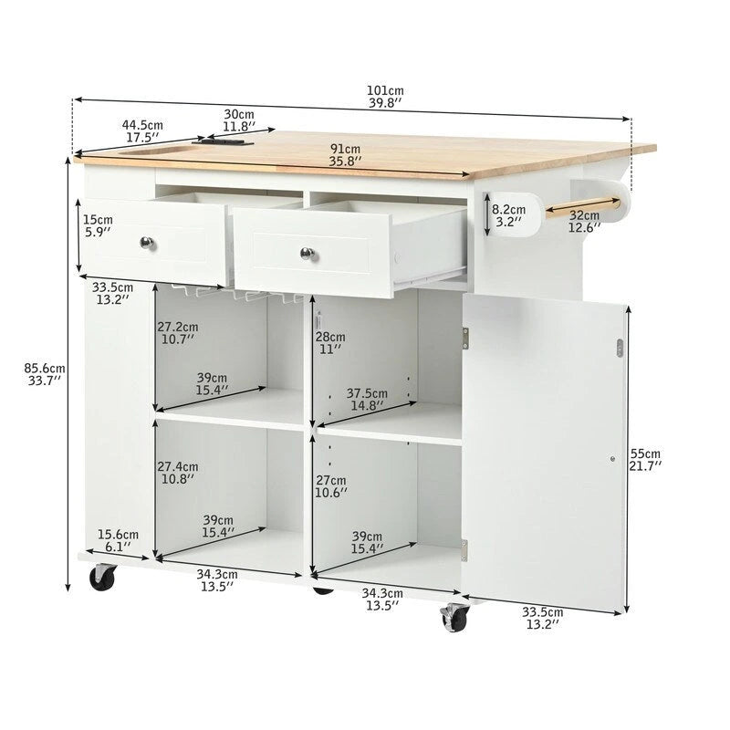 Drop Leaf Rubber Wood Kitchen Island with Power Outlet and Wine Rack