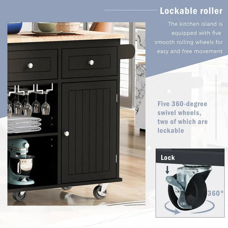 Drop Leaf Rubber Wood Kitchen Island with Power Outlet and Wine Rack