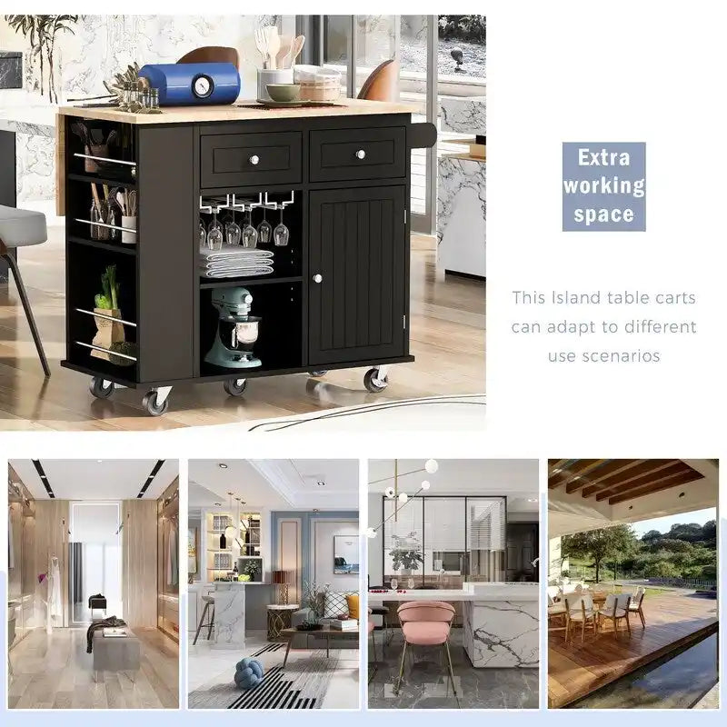 Drop Leaf Rubber Wood Kitchen Island with Power Outlet and Wine Rack