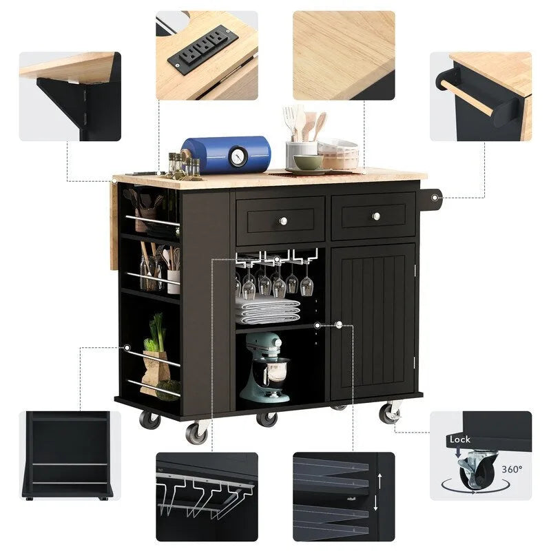 Drop Leaf Rubber Wood Kitchen Island with Power Outlet and Wine Rack