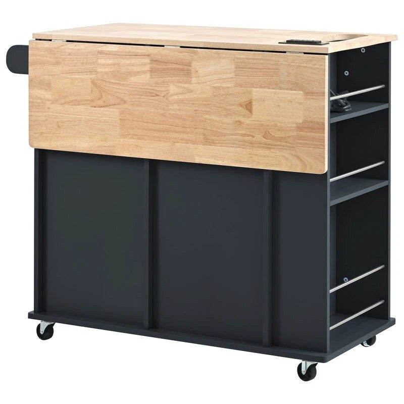 Drop Leaf Rubber Wood Kitchen Island with Power Outlet and Wine Rack