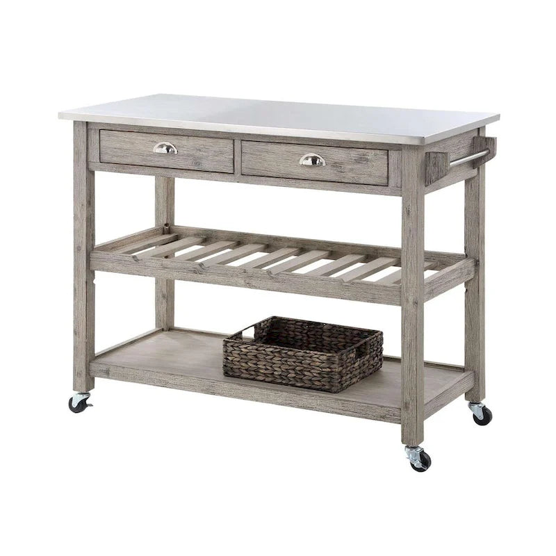 Rustic Kitchen Island Cart with Stainless Steel Top, Wine Rack, Two Drawers and Casters