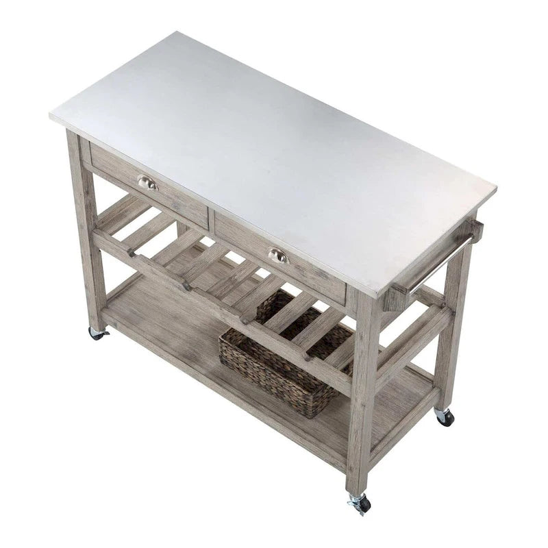 Rustic Kitchen Island Cart with Stainless Steel Top, Wine Rack, Two Drawers and Casters