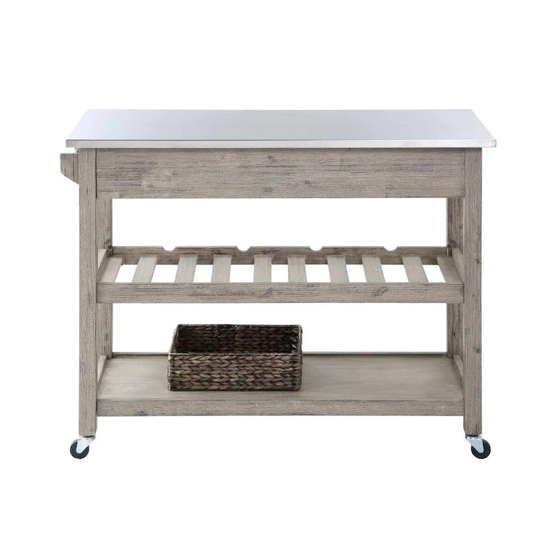 Rustic Kitchen Island Cart with Stainless Steel Top, Wine Rack, Two Drawers and Casters